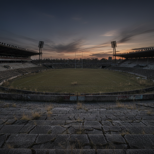 An empty, abandoned rugby stadium at dusk, symbolising the decline of professional rugby clubs